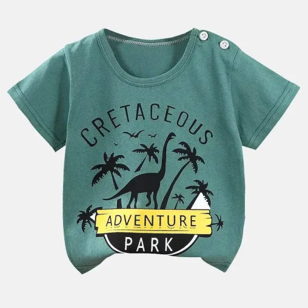 Green cotton cartoon summer t-shirt for 4T-5T with Cretaceous Adventure Park dinosaur design