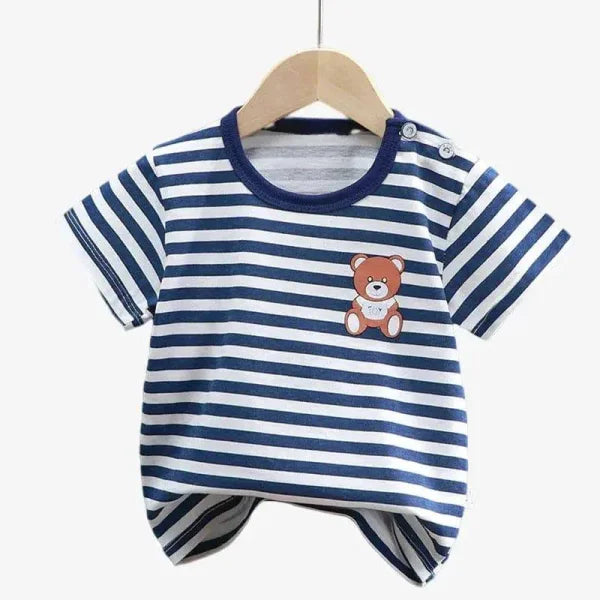Navy and white striped cotton cartoon summer t-shirt with teddy bear patch, 4T-5T