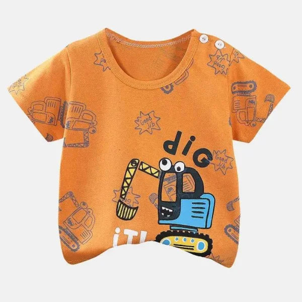 Orange cotton cartoon summer t-shirt for kids 4T-5T with construction vehicles