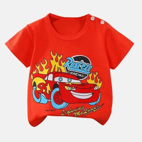 Red Cotton Cartoon Summer T-Shirt for Kids 4T-5T featuring Lightning McQueen with flames