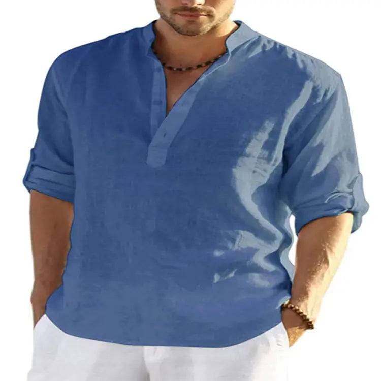 Cotton Linen Shirt - Blue / 2XL