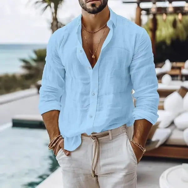 Cotton Linen Shirt for Men Summer Beach Style Solid Color Single Breasted Breathable Shirts Lightweight Stylish Button