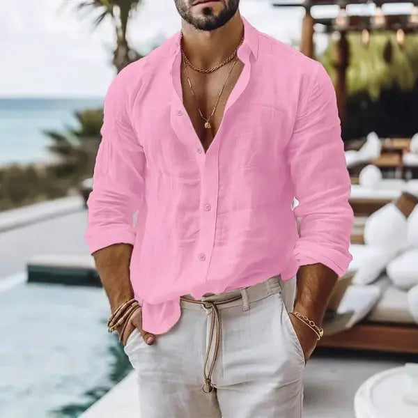 Cotton Linen Shirt for Men Summer Beach Style Solid Color Single Breasted Breathable Shirts Lightweight Stylish Button