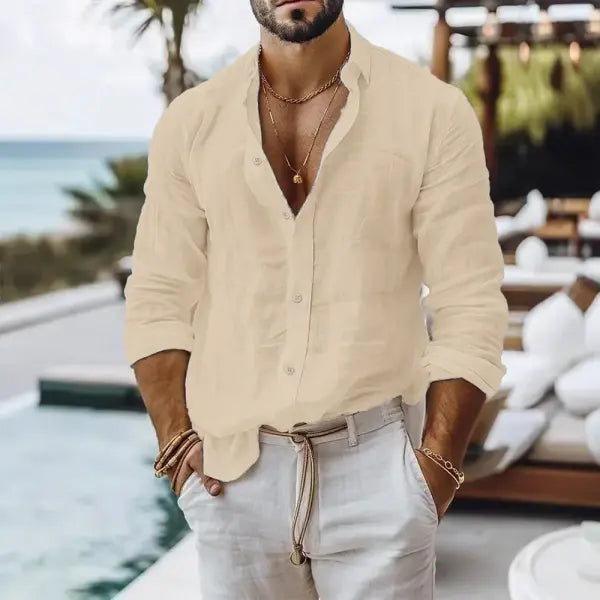 Cotton Linen Shirt for Men Summer Beach Style Solid Color Single Breasted Breathable Shirts Lightweight Stylish Button