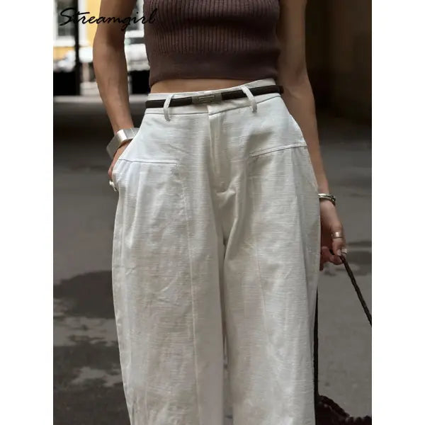 Cotton Linen Wide Leg Suit Pants High Waist Formal Trousers