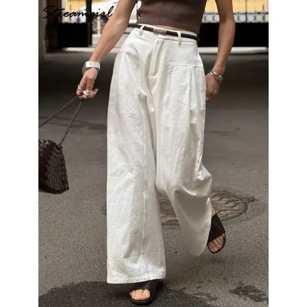 Cotton Linen Wide Leg Suit Pants High Waist Formal Trousers