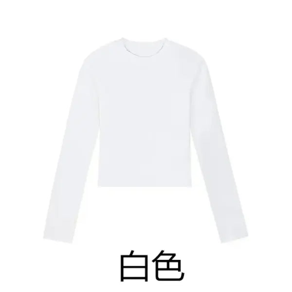 Cotton O-Neck Long Sleeve Crop Top – Women’s Slim Fit Casual Autumn Tee - White / M