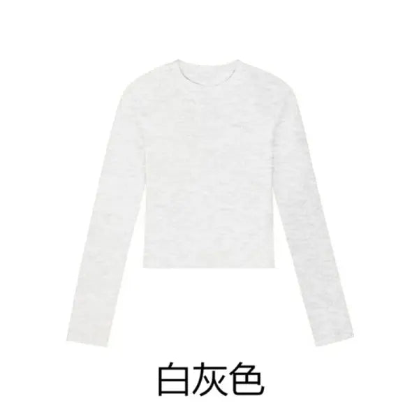Cotton O-Neck Long Sleeve Crop Top – Women’s Slim Fit Casual Autumn Tee - Lightgrey / M