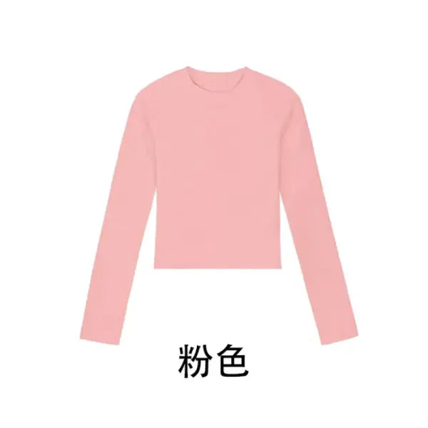Cotton O-Neck Long Sleeve Crop Top – Women’s Slim Fit Casual Autumn Tee - Pink / M
