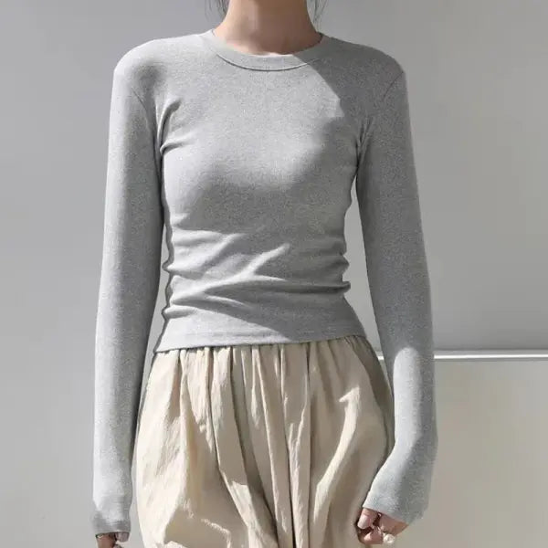 Cotton O-Neck Long Sleeve Crop Top – Women’s Slim Fit Casual Autumn Tee