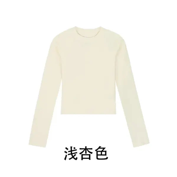 Cotton O-Neck Long Sleeve Crop Top – Women’s Slim Fit Casual Autumn Tee - Beige / XXL