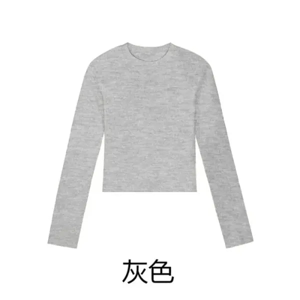 Cotton O-Neck Long Sleeve Crop Top – Women’s Slim Fit Casual Autumn Tee - Grey / XXL