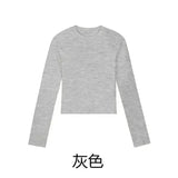 Cotton O-Neck Long Sleeve Crop Top – Women’s Slim Fit Casual Autumn Tee - Grey / XXL