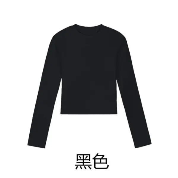 Cotton O-Neck Long Sleeve Crop Top – Women’s Slim Fit Casual Autumn Tee - Black / XXL