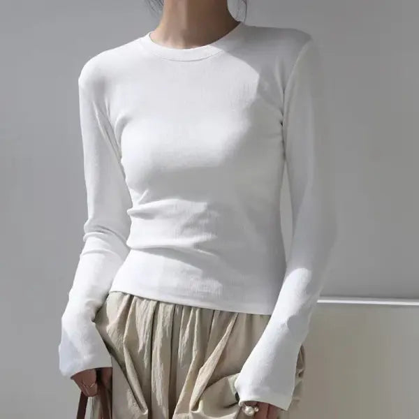 Cotton O-Neck Long Sleeve Crop Top – Women’s Slim Fit Casual Autumn Tee - White 1 / XXL