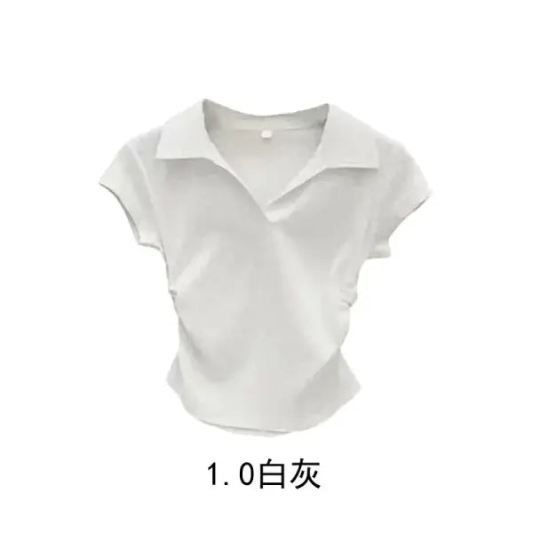 Cotton Summer Slim Fit Crop Top for Women – Short Sleeve Solid Casual T-Shirt - White grey / L