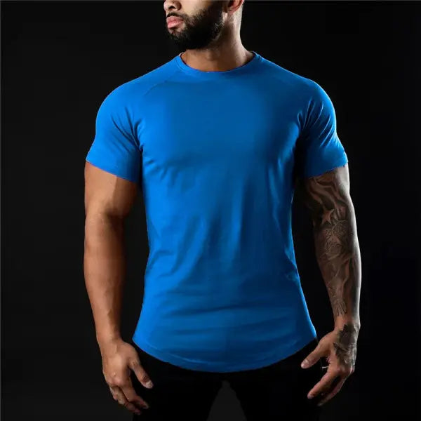Men’s Cotton Athleisure T-Shirt – Summer Workout Short Sleeve Muscle Fitness Gym Top - Blue / US L