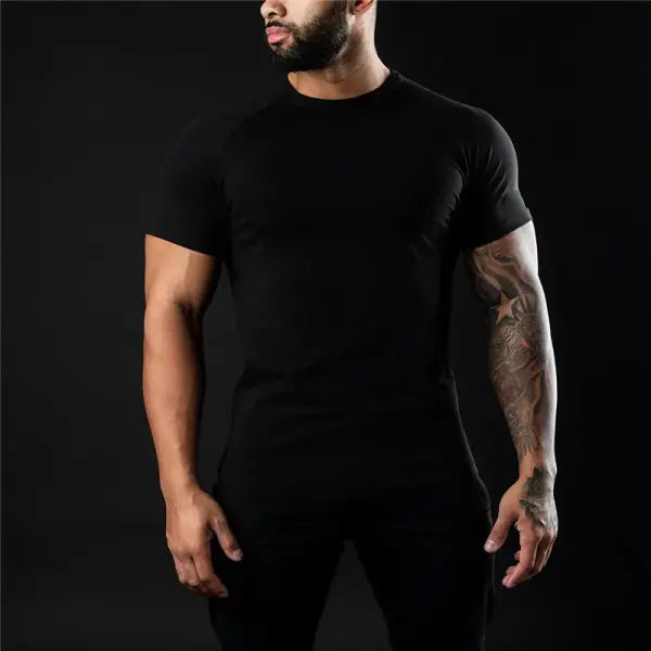 Men’s Cotton Athleisure T-Shirt – Summer Workout Short Sleeve Muscle Fitness Gym Top - black / US XXL
