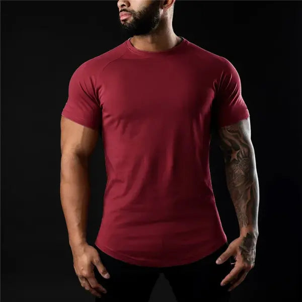 Men’s Cotton Athleisure T-Shirt – Summer Workout Short Sleeve Muscle Fitness Gym Top - Burgundy / US XXL