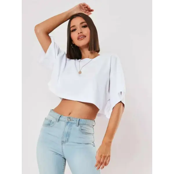 Women’s Cotton Crop Top – Short Sleeve Yoga Dance & Fitness Workout T-Shirt - WHITE / L