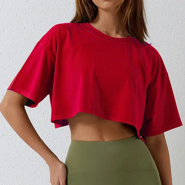 Women’s Cotton Crop Top – Short Sleeve Yoga Dance & Fitness Workout T-Shirt - Red / M