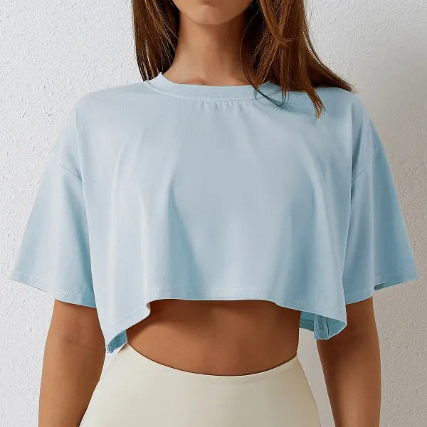 Women’s Cotton Crop Top – Short Sleeve Yoga Dance & Fitness Workout T-Shirt - SKY BLUE / M