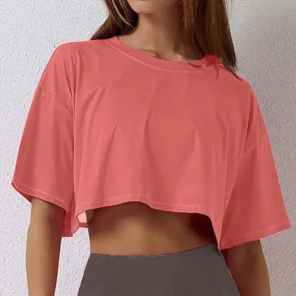Women’s Cotton Crop Top – Short Sleeve Yoga Dance & Fitness Workout T-Shirt - Watermelon red / L