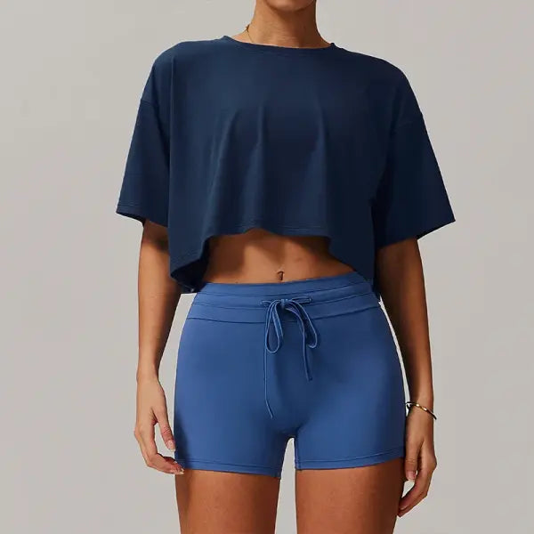 Women’s Cotton Crop Top – Short Sleeve Yoga Dance & Fitness Workout T-Shirt - Navy Blue（ AE existing skus） / L