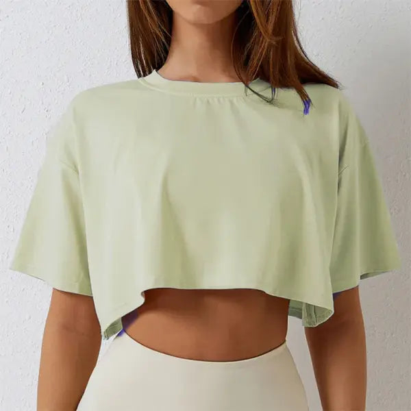 Women’s Cotton Crop Top – Short Sleeve Yoga Dance & Fitness Workout T-Shirt - Light Yellow / L