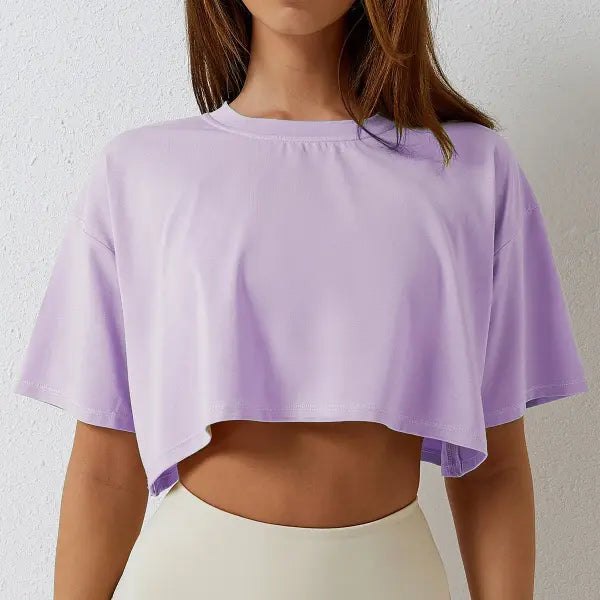 Women’s Cotton Crop Top – Short Sleeve Yoga Dance & Fitness Workout T-Shirt - Lavender / M