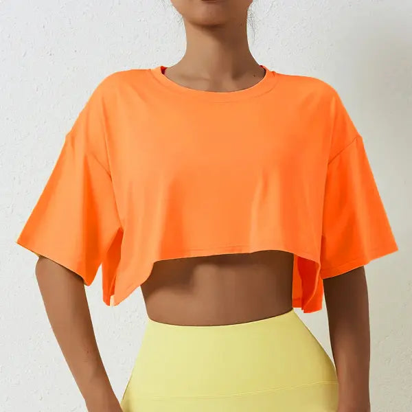 Women’s Cotton Crop Top – Short Sleeve Yoga Dance & Fitness Workout T-Shirt - Orange / XL