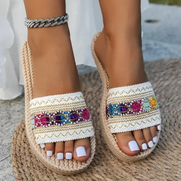 Countrysizemap Bohemian Slippers Tassel Material Large Size Beach Slides - WHITE / 37