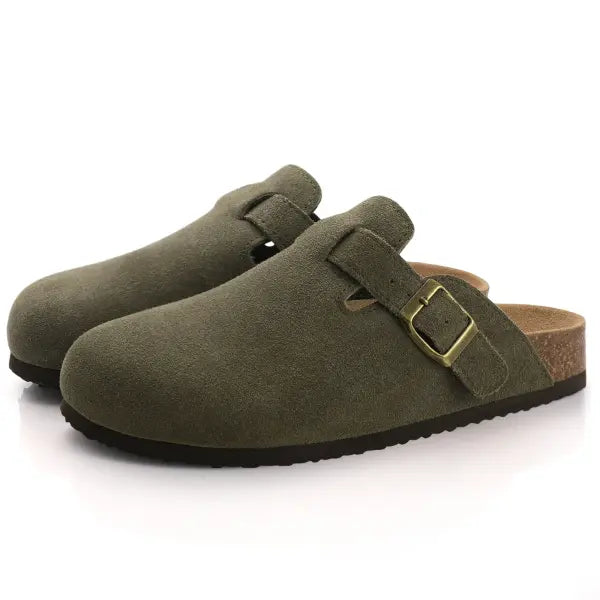 Cow Suede Mules with Arch Support for Indoor Outdoor Comfort - Army Green B / 45