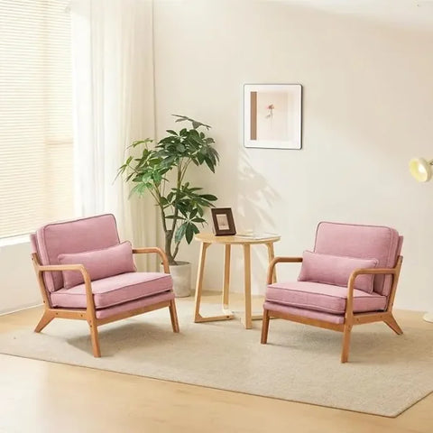 Cozy Living Room Chairs - Linen & Wood Lounge Chairs for Bedroom Mid Century Modern - United States / Linen-pink