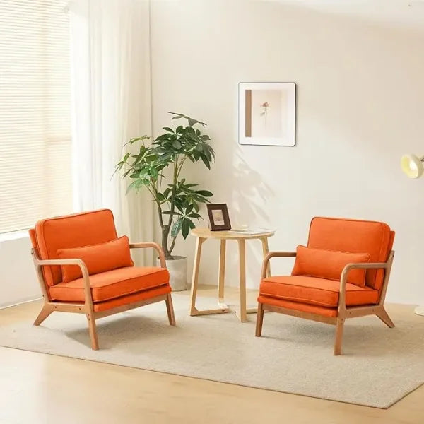 Cozy Living Room Chairs - Linen & Wood Lounge Chairs for Bedroom Mid Century Modern - United States / Linen-burnt Orange