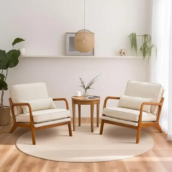 Cozy Living Room Chairs - Linen & Wood Lounge Chairs for Bedroom Mid Century Modern - United States / Fine Linen-beige