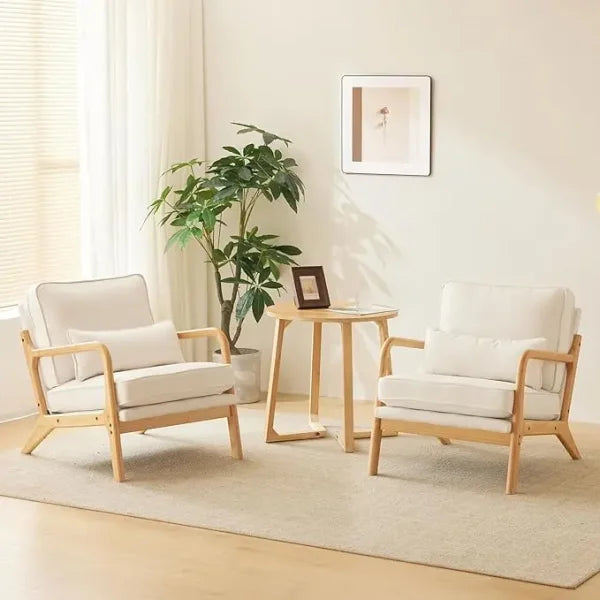 Cozy Living Room Chairs - Linen & Wood Lounge Chairs for Bedroom Mid Century Modern - United States / Coarse Linen-beige