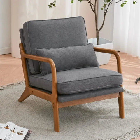 Cozy Living Room Chairs - Linen & Wood Lounge Chairs for Bedroom Mid Century Modern