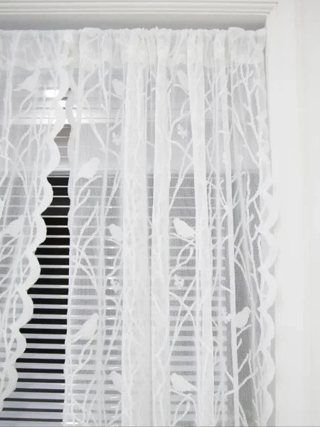 Cream Birds Sheer Lace Curtains - Airy Off-White Window Set - white / 100x200cm / Fixed Pleat