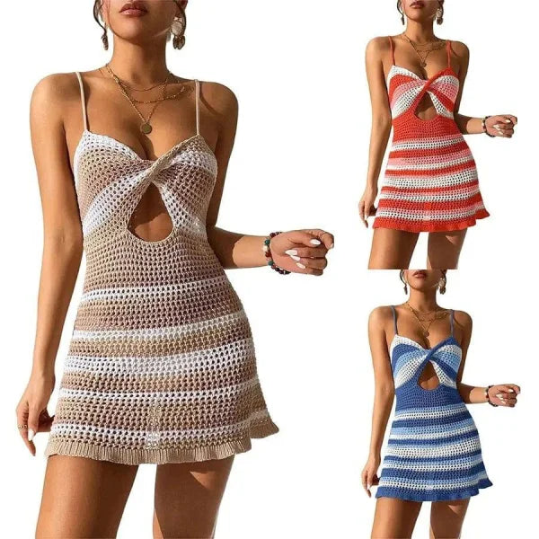 Crochet Mini Dress - Striped Summer Dress with Spaghetti Straps