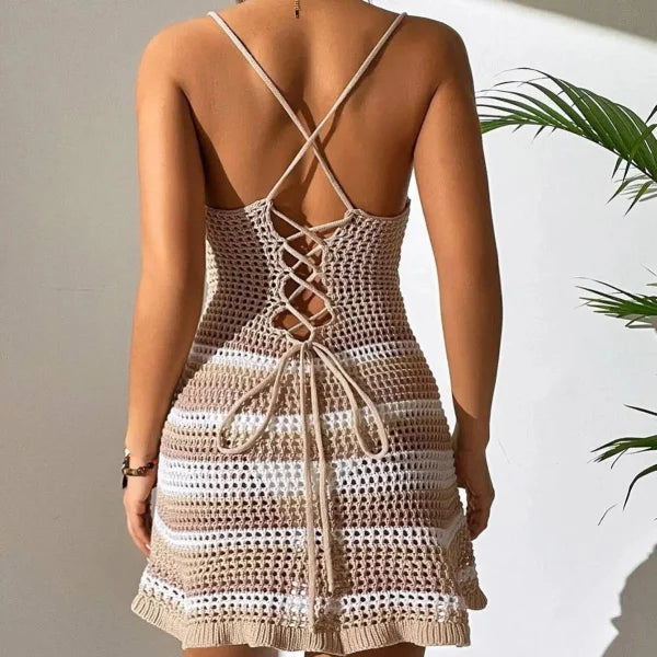 Crochet Mini Dress - Striped Summer Dress with Spaghetti Straps