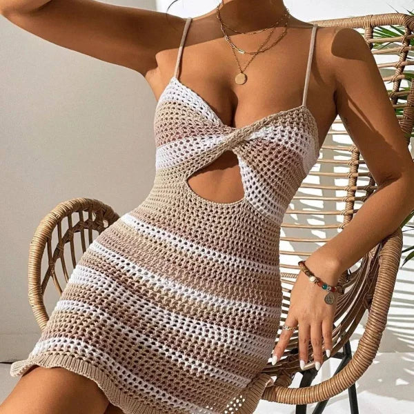 Crochet Mini Dress - Striped Summer Dress with Spaghetti Straps
