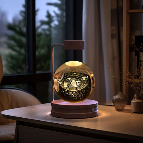 Crystal Ball Cosmic Dinosaur Night Light - USB Powered Warm Bedside Lamp Perfect Birthday Gift - Galaxies / Dark wood