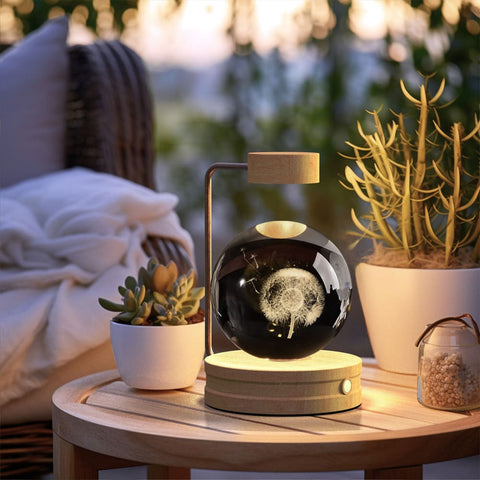 Crystal Ball Cosmic Dinosaur Night Light - USB Powered Warm Bedside Lamp Perfect Birthday Gift - Dandelions / Light wood