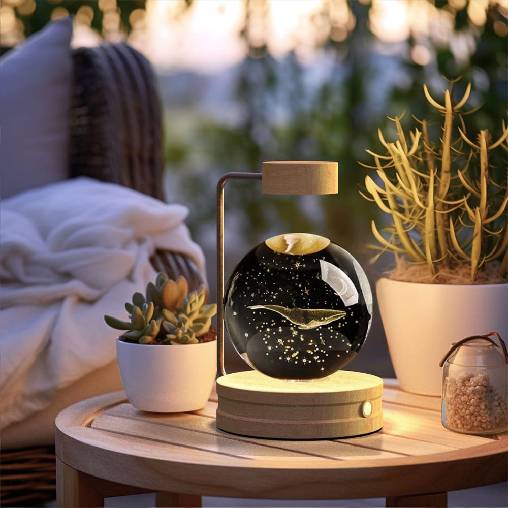 Crystal Ball Cosmic Dinosaur Night Light - USB Powered Warm Bedside Lamp Perfect Birthday Gift - Whales / Light wood