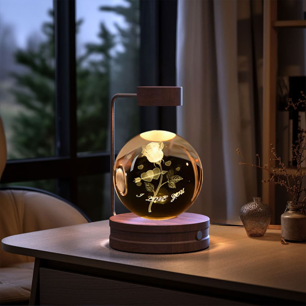 Crystal Ball Cosmic Dinosaur Night Light - USB Powered Warm Bedside Lamp Perfect Birthday Gift - Roses / Dark wood