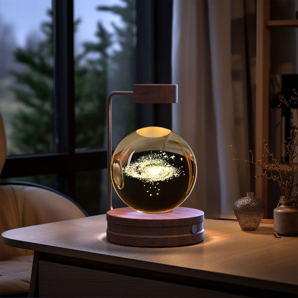 Crystal Ball Cosmic Dinosaur Night Light - USB Powered Warm Bedside Lamp Perfect Birthday Gift - Galaxy / Dark wood