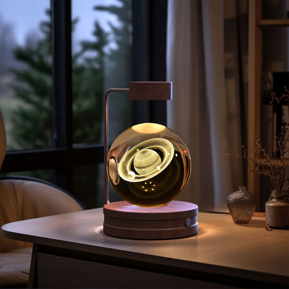 Crystal Ball Cosmic Dinosaur Night Light - USB Powered Warm Bedside Lamp Perfect Birthday Gift - Saturn / Dark wood