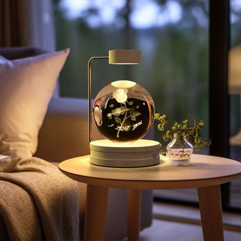 Crystal Ball Cosmic Dinosaur Night Light - USB Powered Warm Bedside Lamp Perfect Birthday Gift - Roses / Light wood