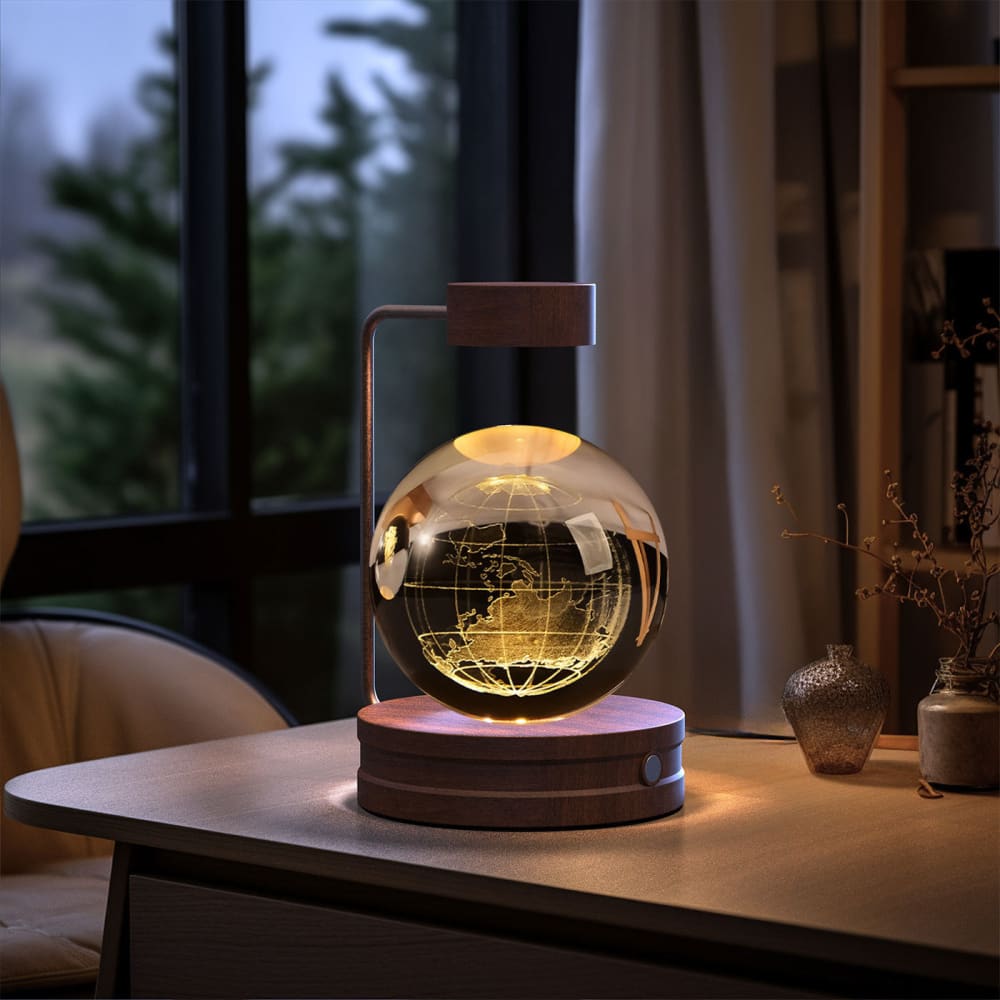 Crystal Ball Cosmic Dinosaur Night Light - USB Powered Warm Bedside Lamp Perfect Birthday Gift - Earth / Dark wood